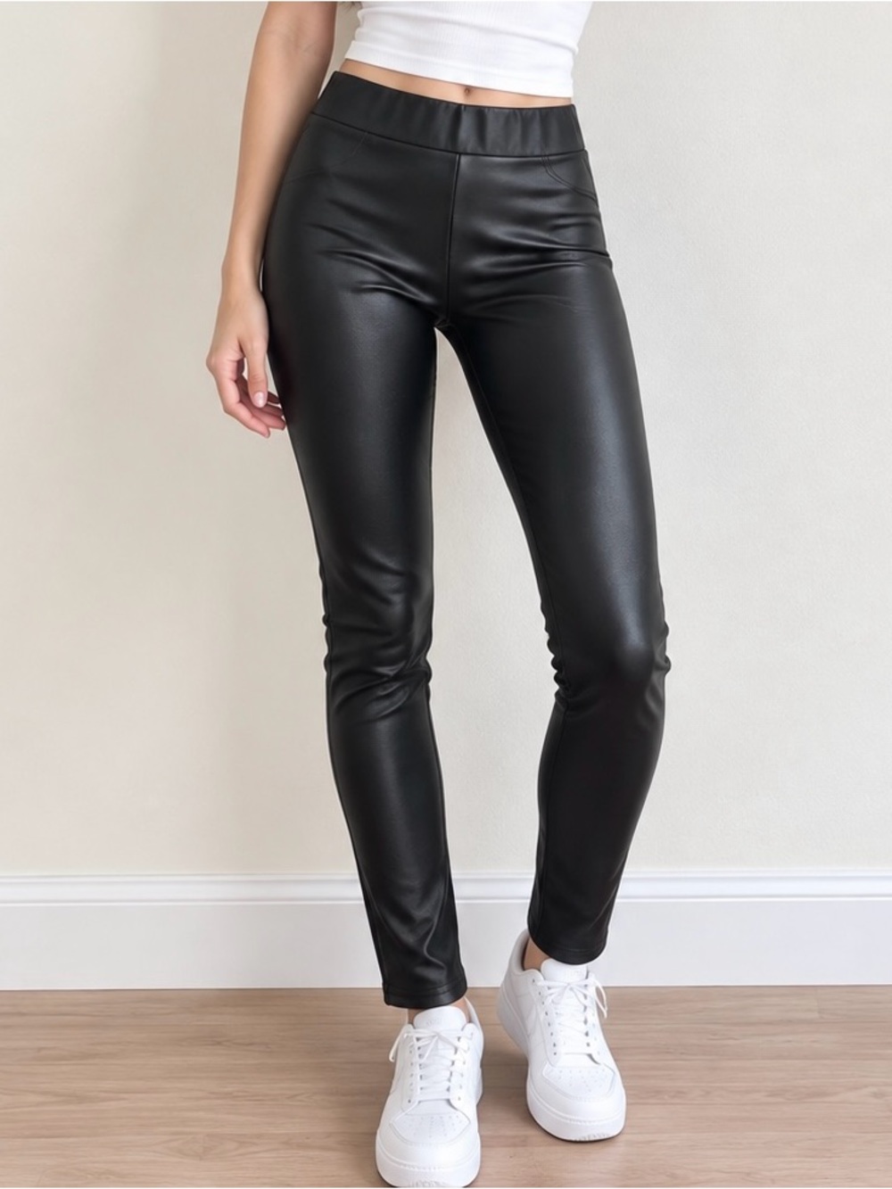 Black Coated Stretch Leggings Skinny Faux Leather Pants Pull-On